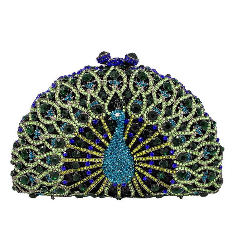 

Wholesale Cheap Price Ladies Beaded Party Bags Peacock Shape Wedding Clutch Crystal Handbag High Quality Indian Evening Purse, As pictures