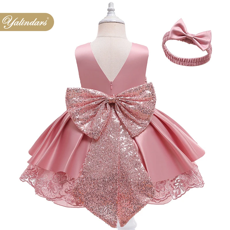 

Children clothing satin bodice sequined bow appliqued V back little bridesmaid kids formal wedding party flower girl dresses