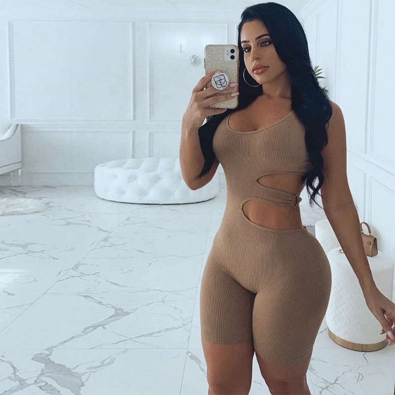 

Summer Streetwear Bodycon Brown Sleeveless Romper Women Hollow Out One Piece Outfit Playsuit Ribbed Skinny Short Jumpsuit