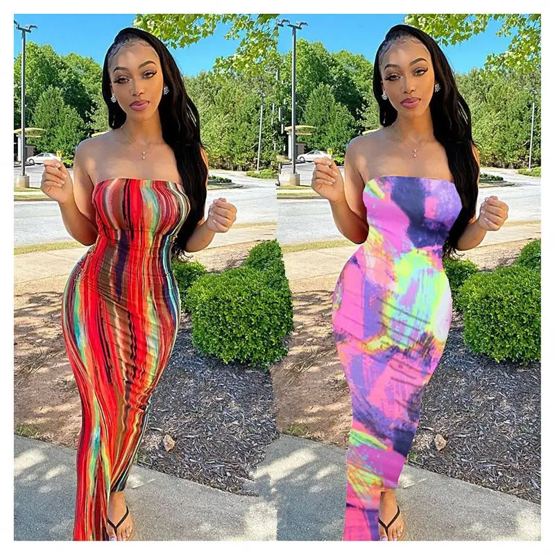 

good material stretchy sleeveless tube dress 2021 ladies sexy women red tie dye printed bodycon maxi summer dress