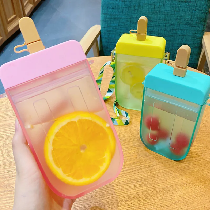 

Wholesale New Gift BPA Free Ice Cream Shaped Straw Cup Creative Plastic Popsicle Water Bottle with Rope, Customized color