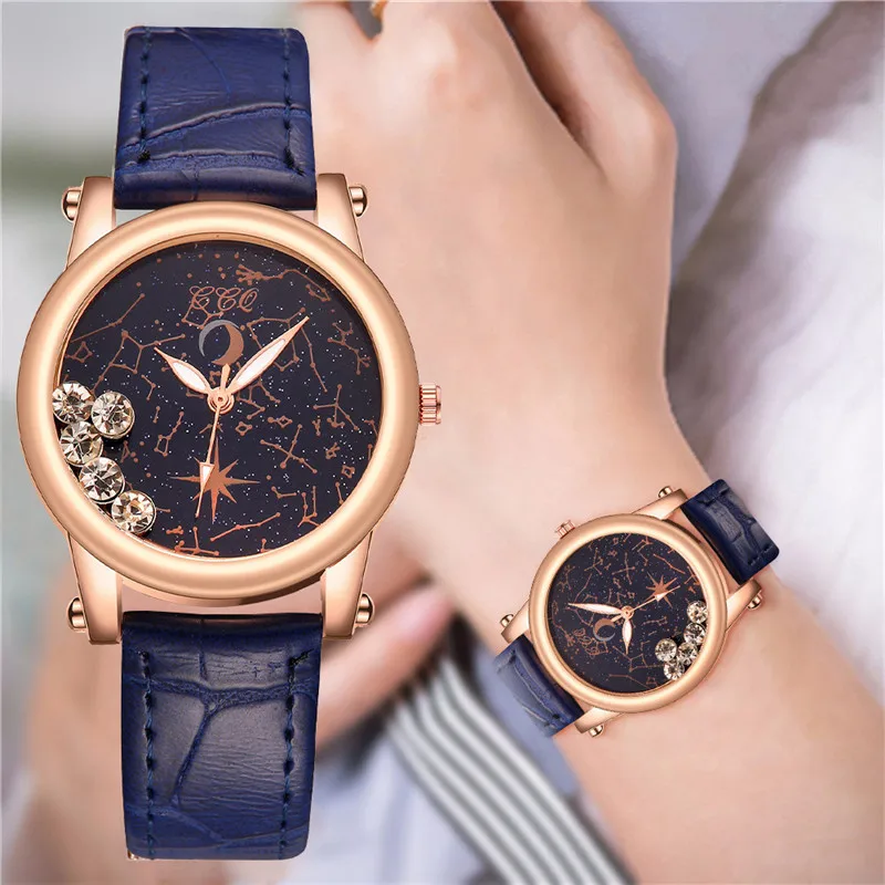 

WJ-10512 No Scale Rose Gols Case Simple Fashion Women Wrist Watch With Diamond Rotatable Creative Luminous Moon Watch For Women, Mix