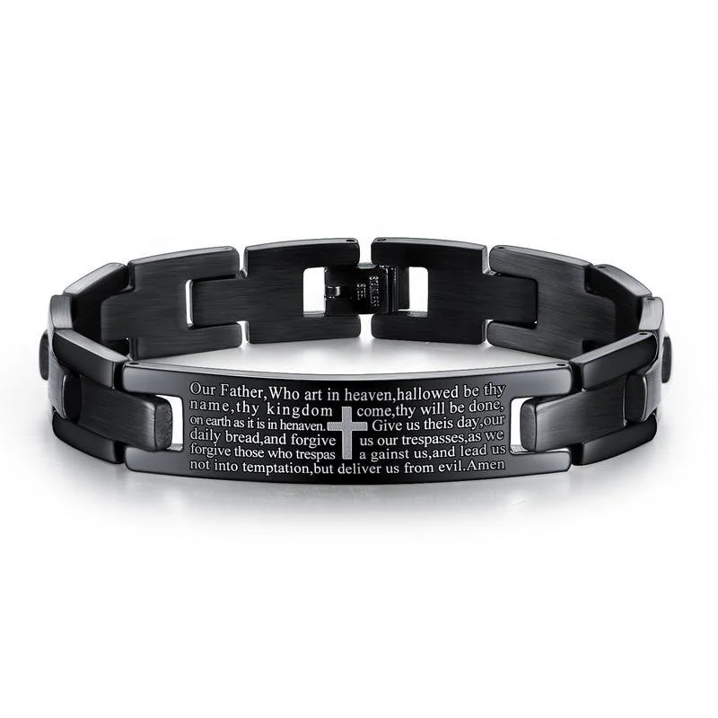

Classic Stainless Steel Black Men Wrist Band Bible Prayer Cross Bracelet