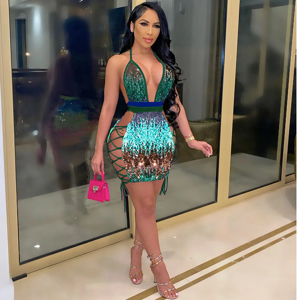 

2021 Summer Sexy Hollow Out Backless Bling Sequins Nightclub Skinny Mini Dress Women's Apparel Evening Club Dresses With Lace, Rose red,green,purple