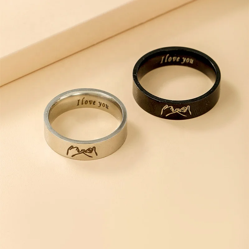 

New Stainless Steel Hand-in-Hand Letter Couple Ring 2-Piece Set, Silver/black