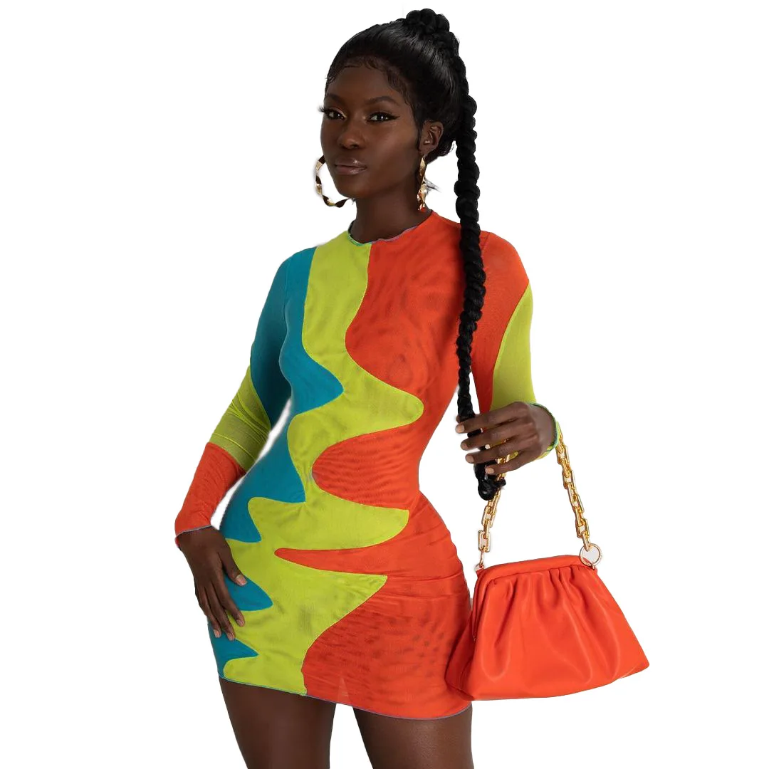 

10515-MX2 colorful print long sleeve dresses women sehe fashion