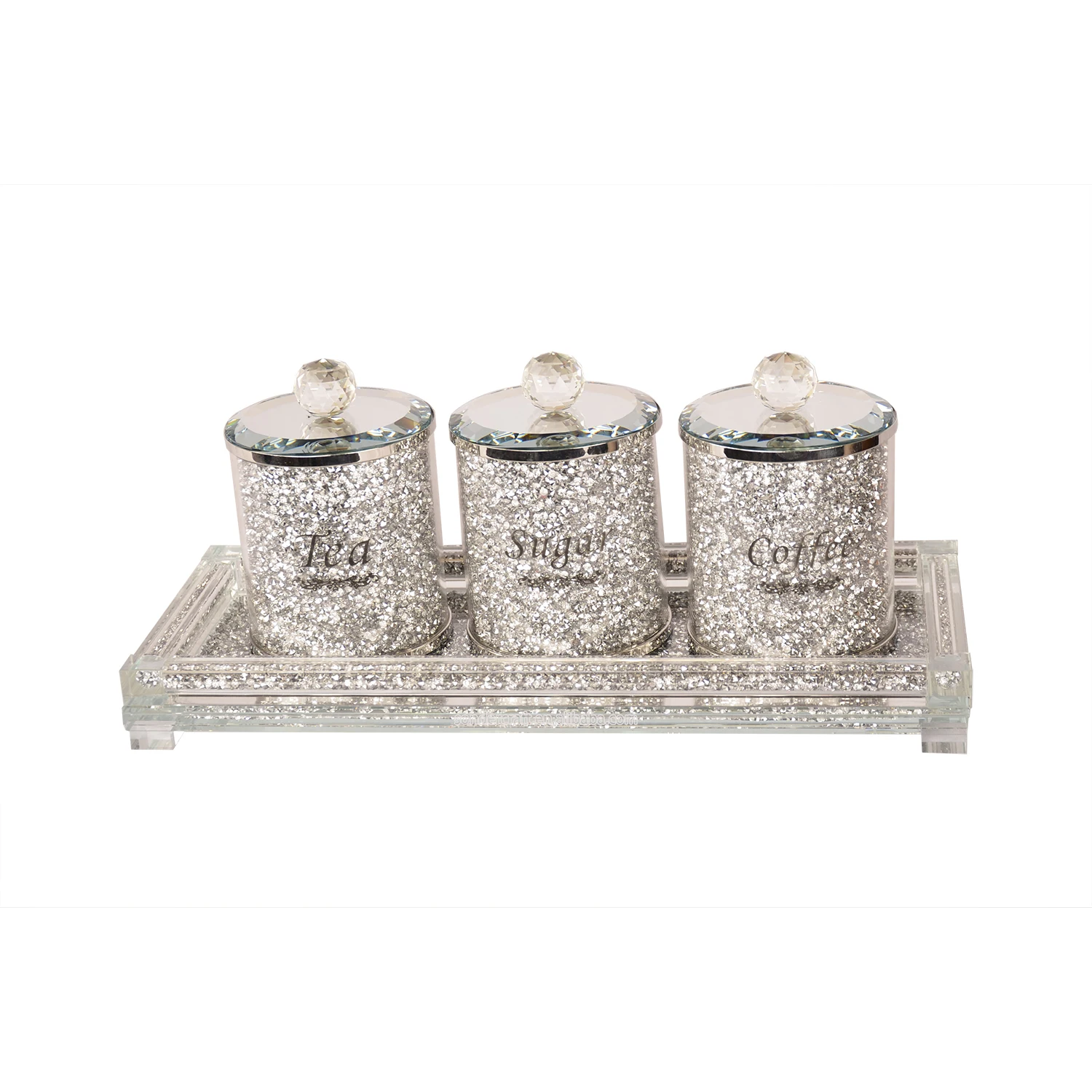 

Kitchen Storage Silver Trimmings Crystal Filled Diamond Crushed Crystal Tea Coffee Sugar Canisters Set with Tray