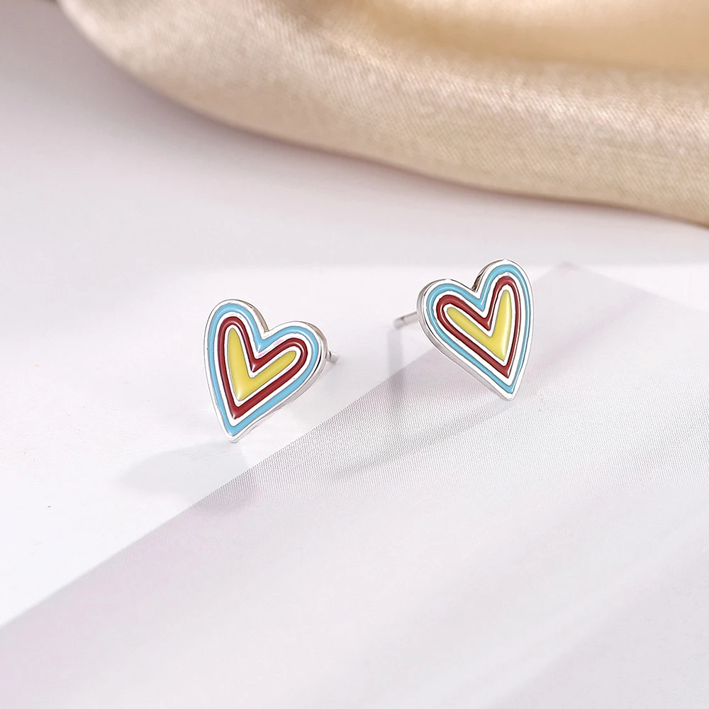 

925 Sterling Silver Colorful Rainbow Heart Stud Earrings 18k 2021 Gold Plated Jewelry For Women, Picture