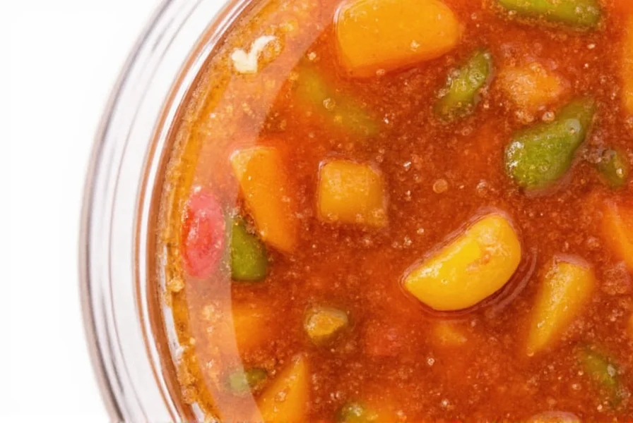 Close-up view of Jersey Mike's pepper relish showing diced peppers in vinegar solution on white background