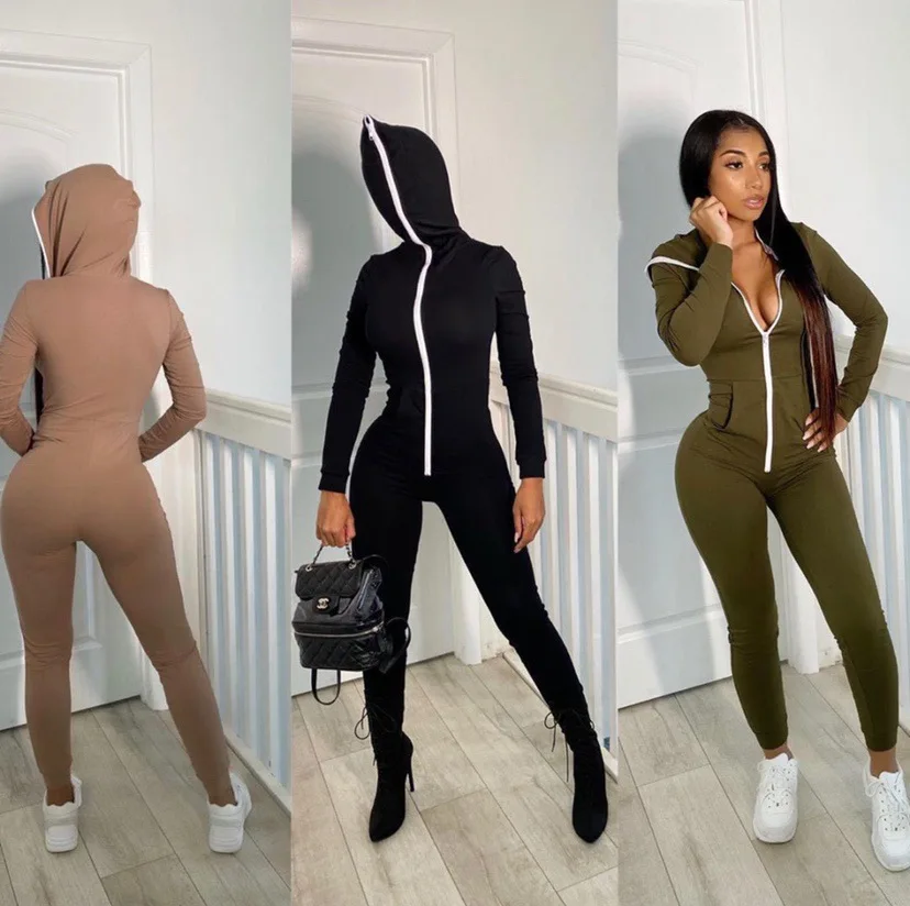 

Free Shipping Fashion Solid Long Sleeve Hoodie Bodycon Jumpsuit Wholesale Women One Piece Zipper Jumpsuits, Customized colors