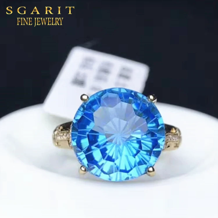 

SGARIT custom jewelry ring 18k gold 9.18ct round Swiss Blue Topaz natural gemstone big stone ring women