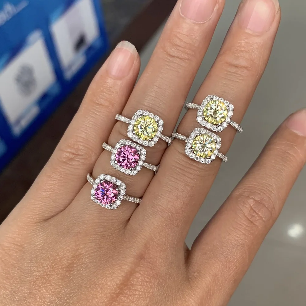 

1.0/2.0/3.0ct pink yellow color Moissanite Ring Engagement Square Shape Full Diamonds Sterling Silver 925 Women Wedding Ring, Silver color