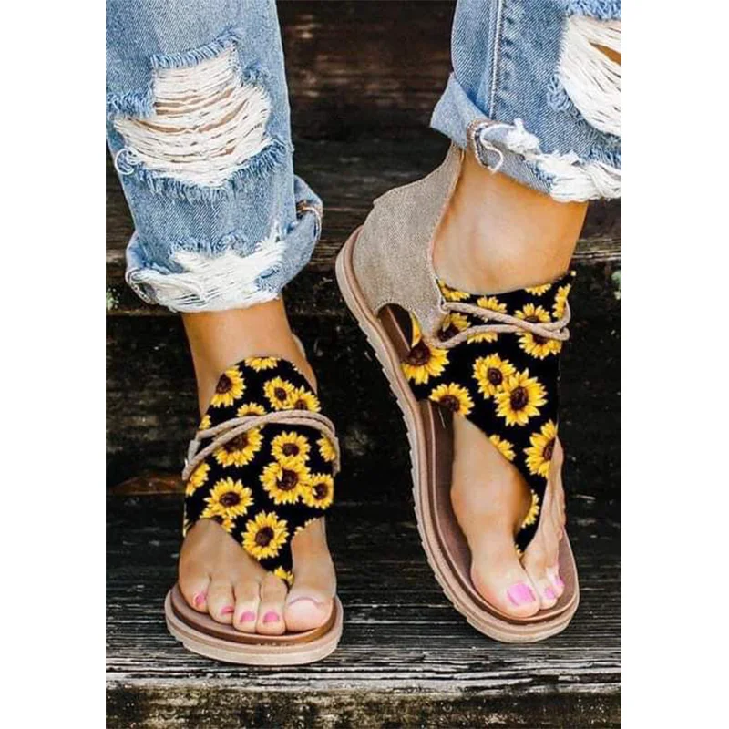 

Hot Sale Women Sunflower Camo Print Back Zipper Flat Gladiator Sparta Sandals