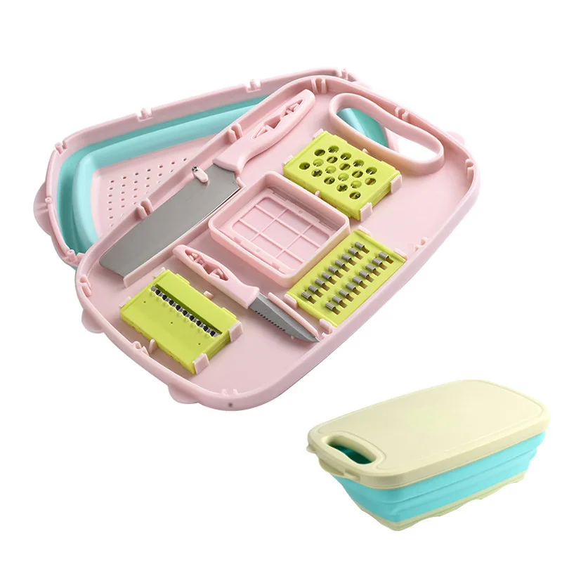 

TY2022 OEM/ODM Kitchen gadgets Multifunctional vegetable cutting board set plastic folding draining basket potato grater, Green/pink