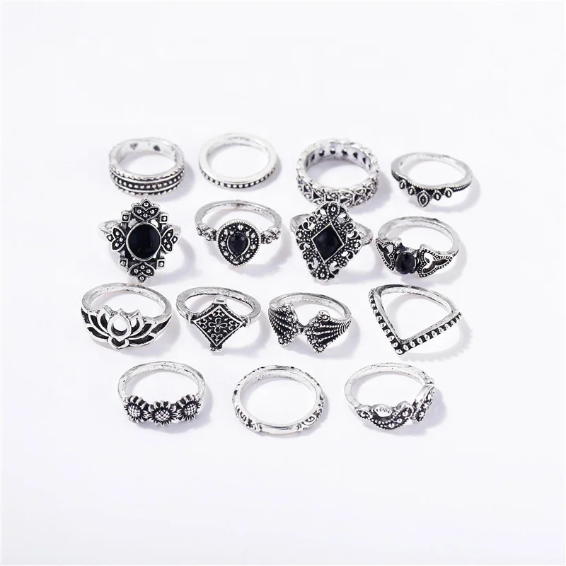

15PCS/SET Boho Vintage Hollow Rings Set For Women Crystal Finger Ring Female Bohemian Jewelry Gifts, Silver