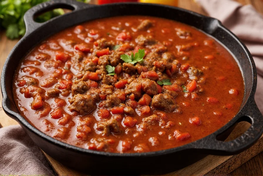 Authentic Texas-style chili con carne in a cast iron pot with ground beef, tomatoes, and spices simmering