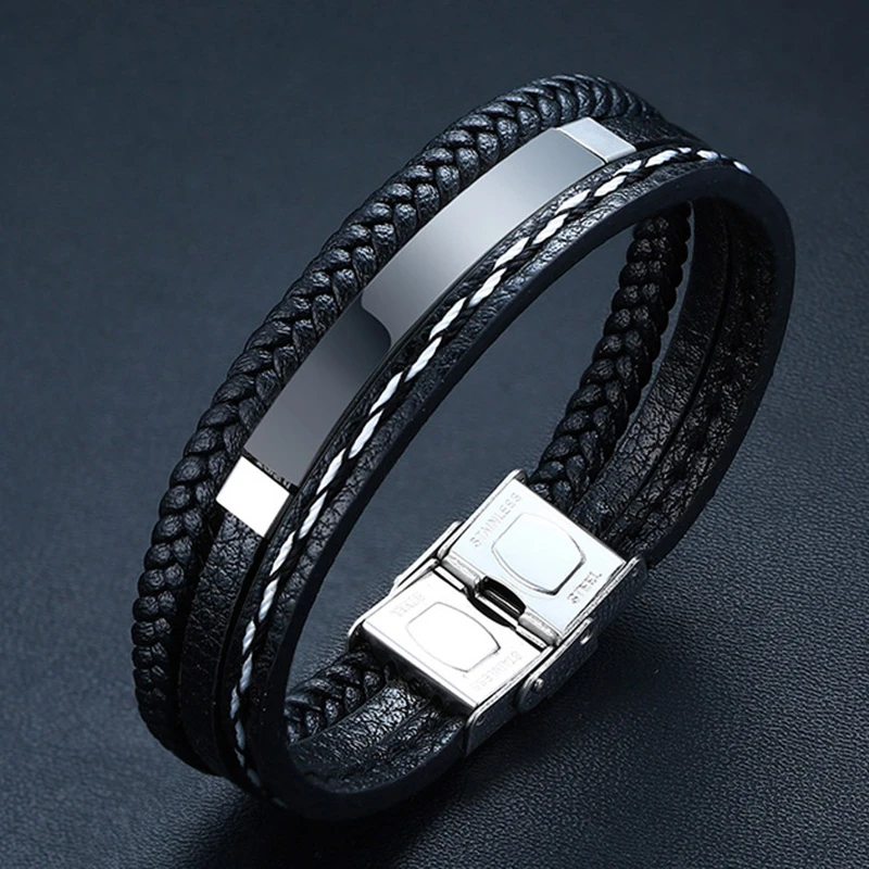 

New Trend Men's Layered Leather Bracelets for Men Casual Classic Gents Wristband Gift 2020, Brown/black