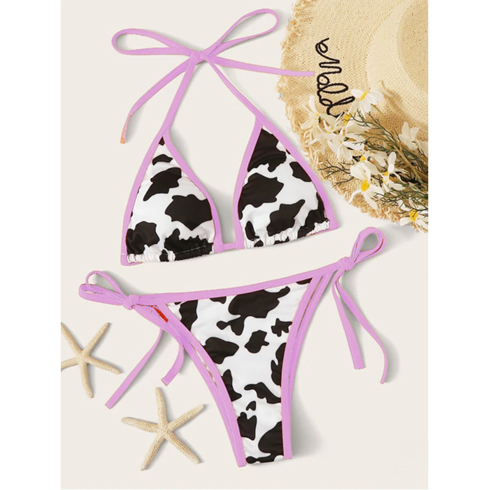 

Trending products 2021 new arrivals Bikini Set Women's Ladies Bathing Fashion Sexy Cow Print Triangle Halter Woman Bathing Suit, Picture shows