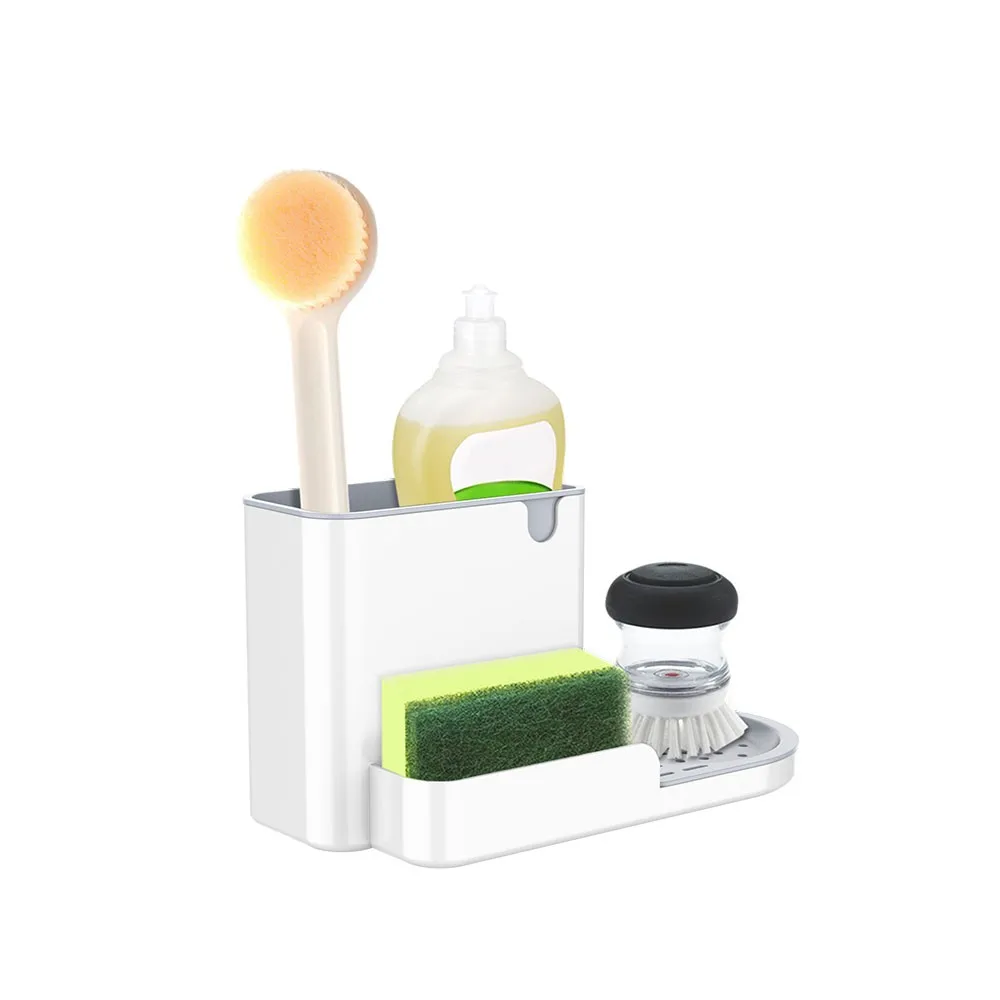 

Sink caddy kitchen sink organizer plastic utensil holder rack brush sponge holder sinkware caddy with sink drain tray, White