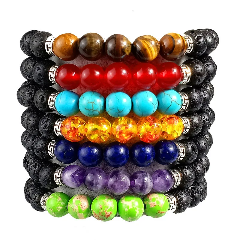 

HPXmas Natural Stone Bracelets Beaded Bracelet Yoga Valconic Healing Energy Lava Stone 7 Chakra Diffuser Bracelet Wholesale