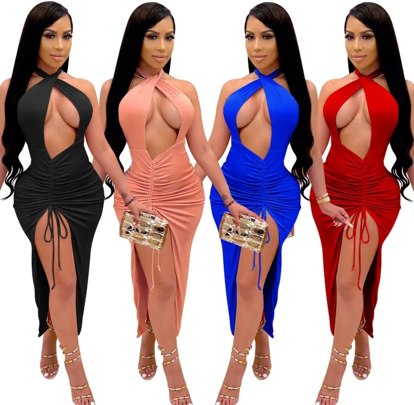 

2021 summer trendy 5colors women clothing halter neck hollow ruffle strappy bodycon bandage high split dress