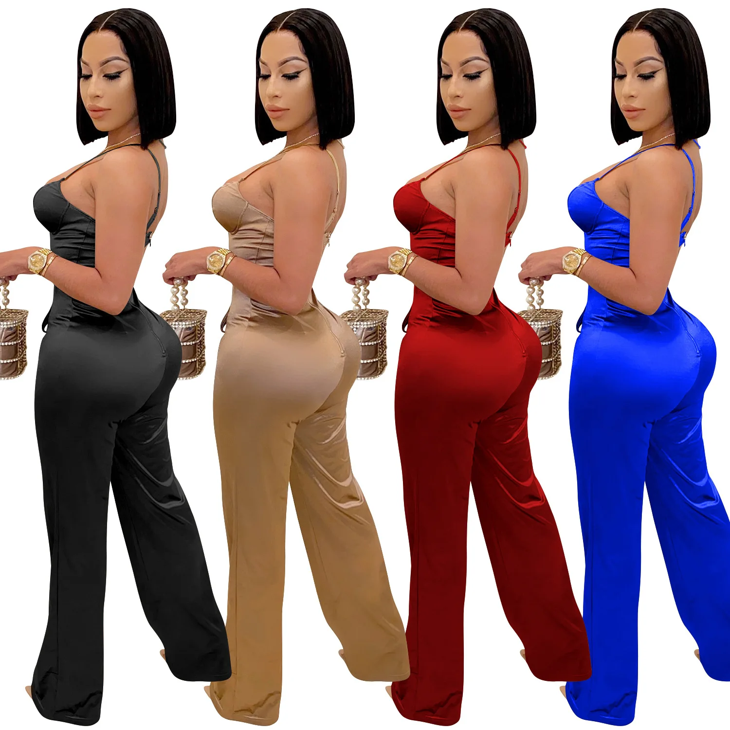 

2021 New Arrivals Spring Bodycon One Piece Rompers Hollow Women Sleeveless Halter Sexy Jumpsuit, Blue black red khaki