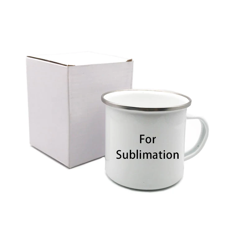 

Wholesale Enamel Personalised Mugs, Christmas Gift Custom Logo Sublimation Enamel Mug with Steel Mouth, Sublimation blank