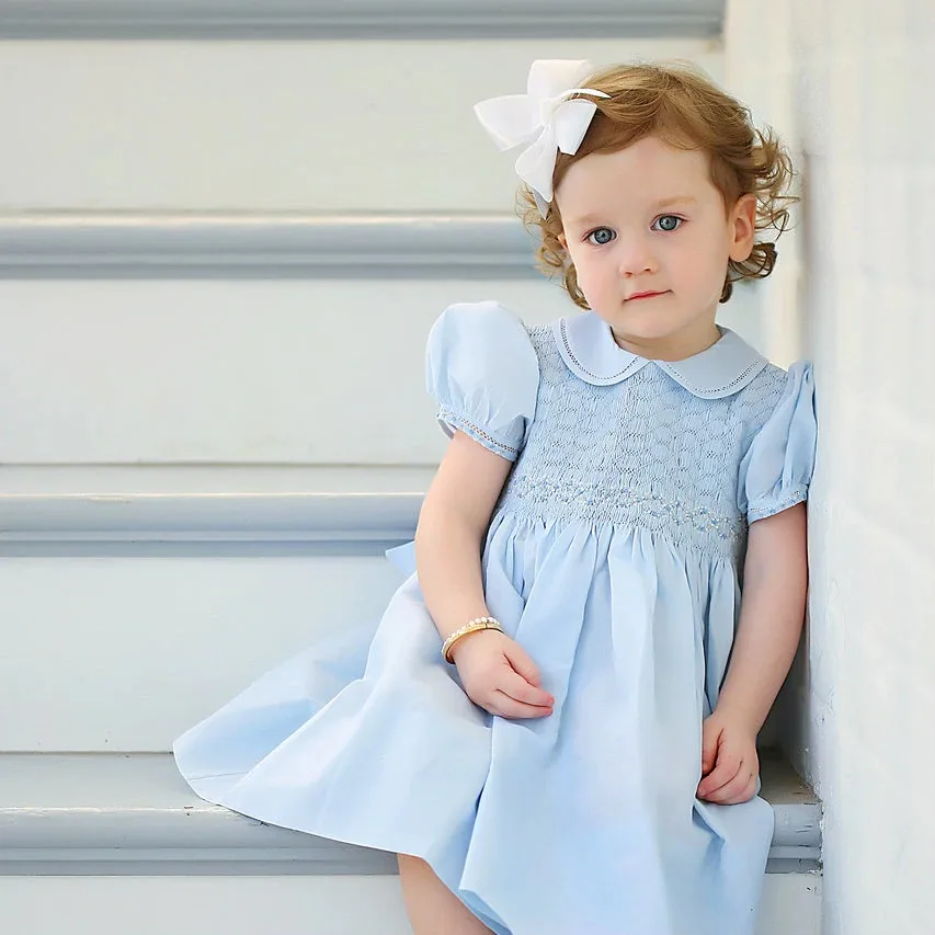

Daily New Born Dress 12-24m Short Sleeve Pure Blue Polyester/Cotton Baby Smocked Dresses, Blue,pink