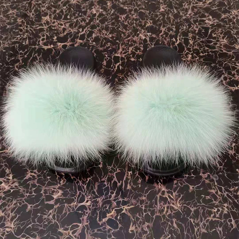 

NEW Fashion real fur slides wholesale Multiple colors women fox fur slippers furry outdoor sandals, Customized color