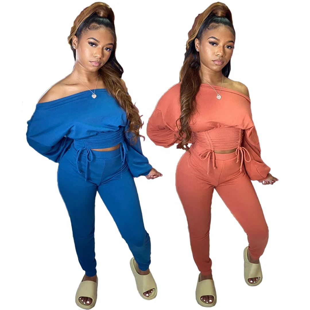 

MT216-1031 Pure color sexy slanted shoulder pleated tights casual two-piece suit women clothing sweat suit wholesale