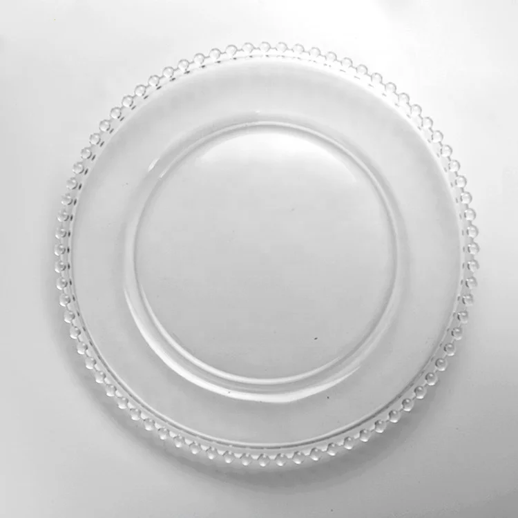

Hot selling clear gold crystal silver beaded glass charger plate for wedding, Gold rim