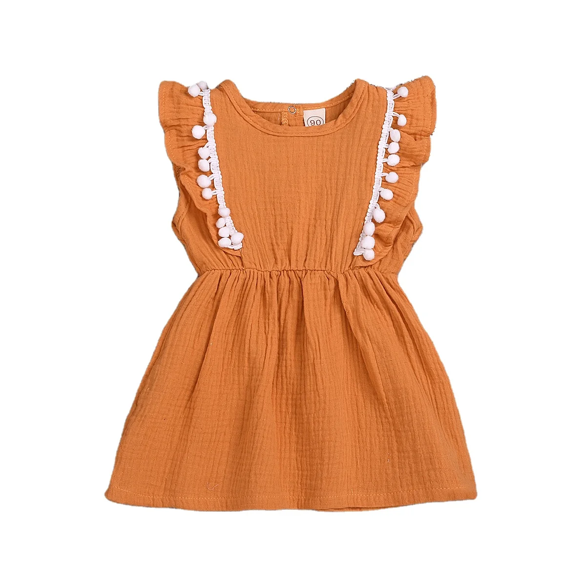 

Girls' summer fur ball round neck solid color sleeveless dress