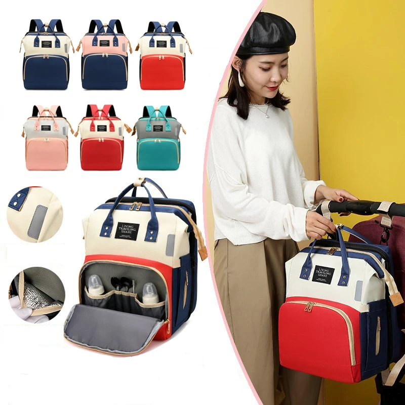 

Customized logo colorful mommy backpack baby diaper bag with bed, 6 colors
