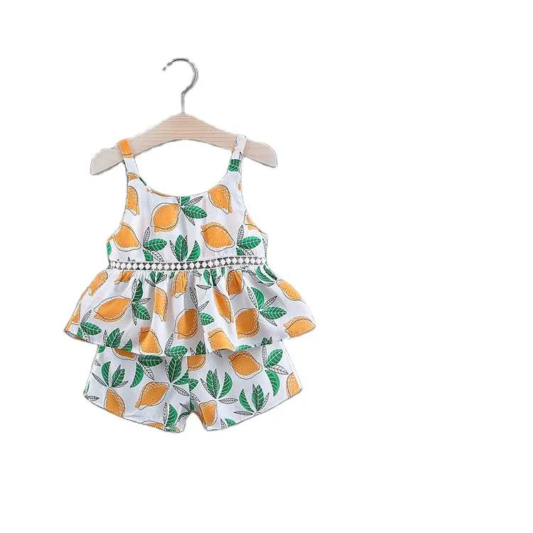 

KBE92075 Children clothing summer baby girls floral print fresh thin section shorts two Piece Sets