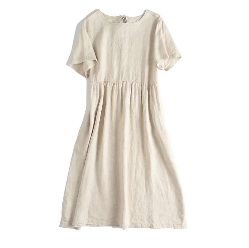 

100% Linen Fabric Women Summer Fashion Casual Outfits Loose high quality Solid Linen Dresses With Pocket, Customized color