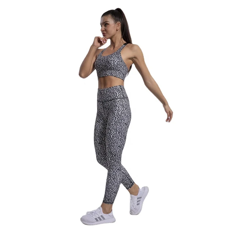 

New Hot Printed Yoga wear Gym Women plus size Exercise Workout Clothing Two Pieces Sports bra and compression leggings, As picture