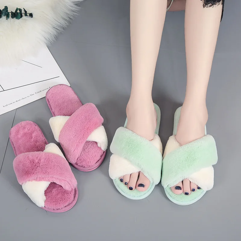 

Custom Cross Band Soft Plush Imitated Rabbit Fur Slippers Fuzzy Fluffy Open Toe House Fluffy Furry Slippers for Women, Customized