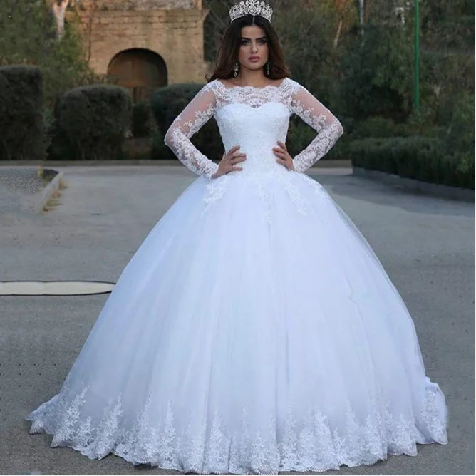 

New Fashion Vestido De Noiva Bridal Tulle Mariage Simple Long Sleeve Lace Wedding Dress, White