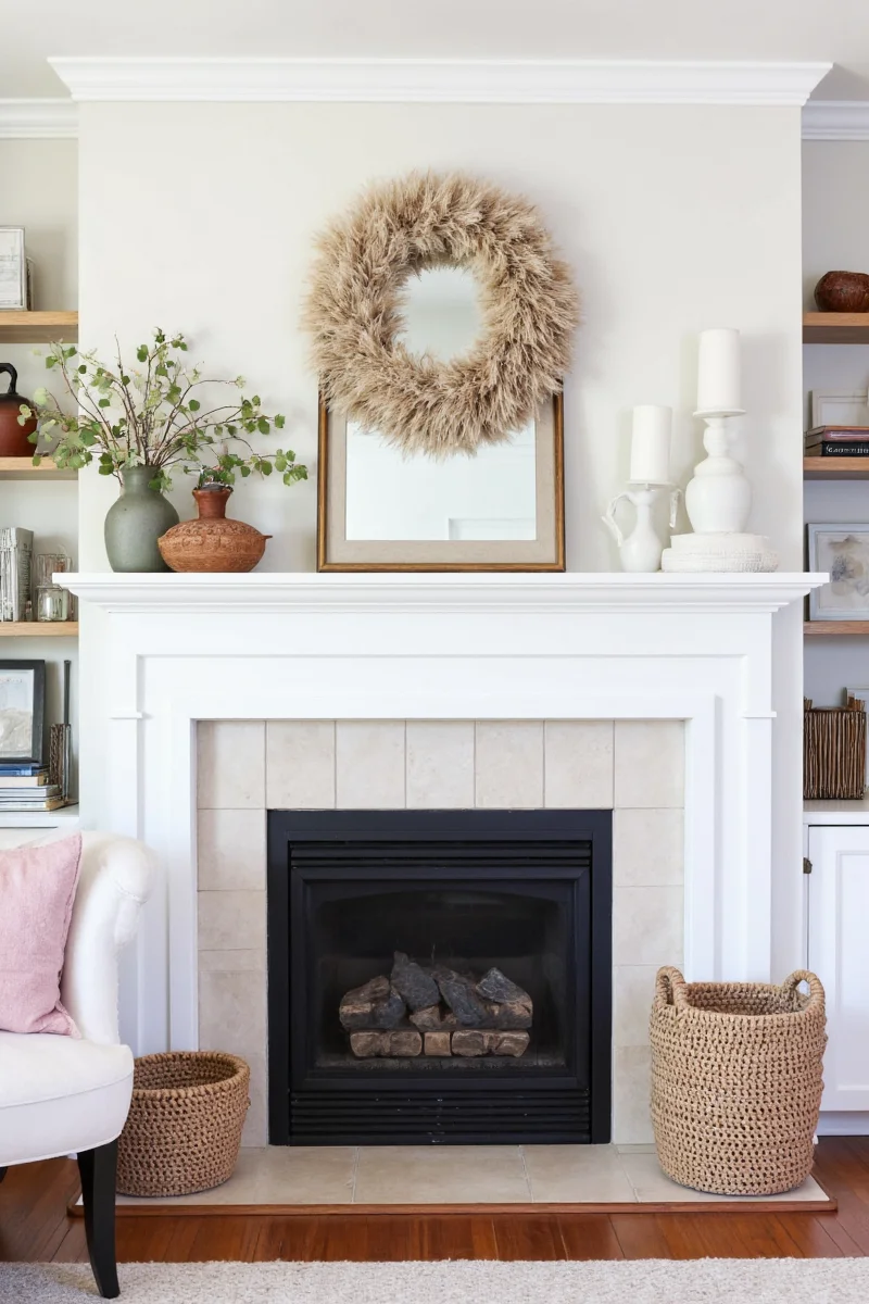 Family-friendly fireplace with white mantle styled with candles and photos