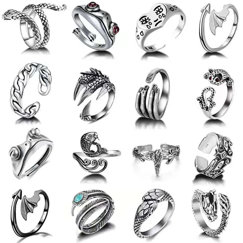 

16 Pcs Vintage Open Frog Snake Rings Set Punk Knuckle Stacking Ring Boho Animal Finger Rings For Women Men Girls, Picture shows