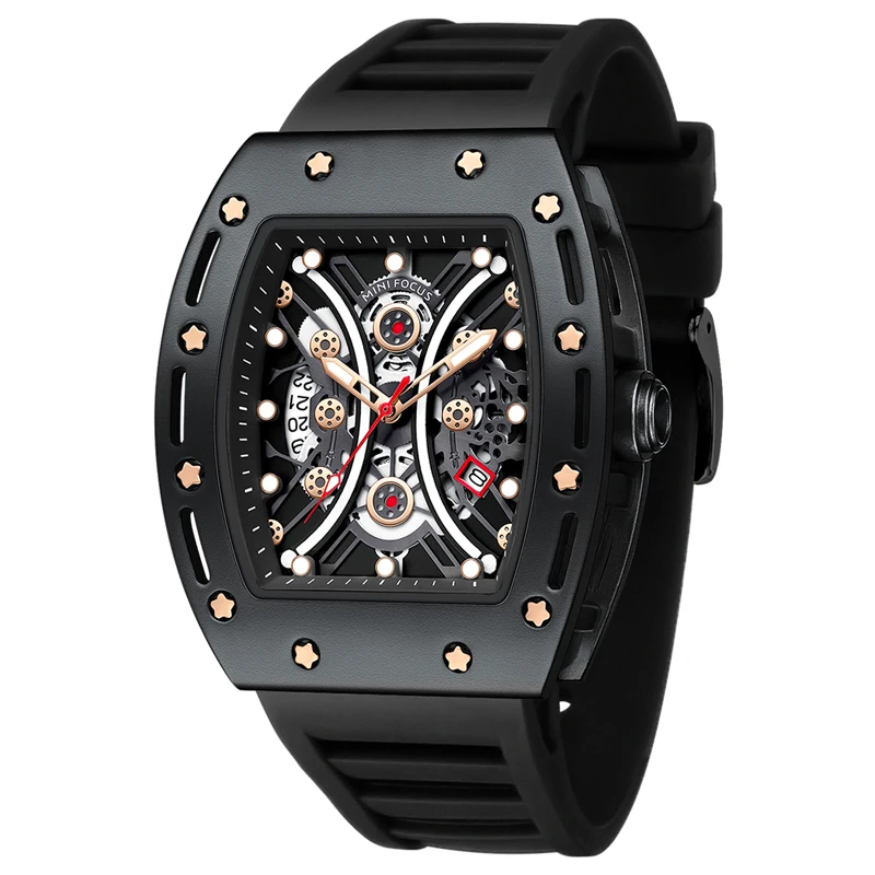 

Mini focus MF0420G skeleton dial stylish mens quartz watches montre homme cool black square case hand watch men relogios