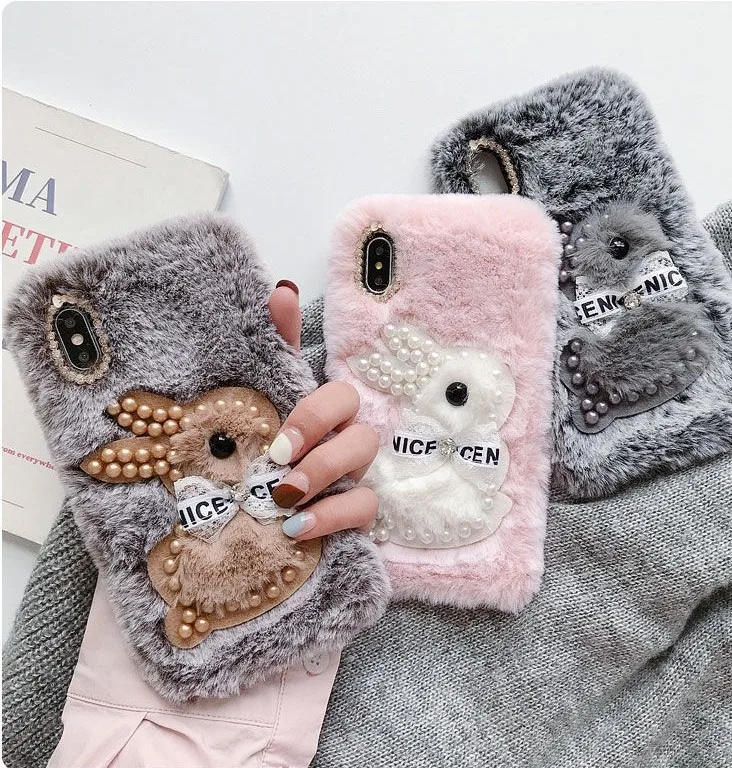 

For girls cute animal design bear rabbit hair fur diamond pearl furry mink fluffy cell phone case for iPhone 11 pro max, Multiple fur plush pearl tpu winter phone case for iphone 11