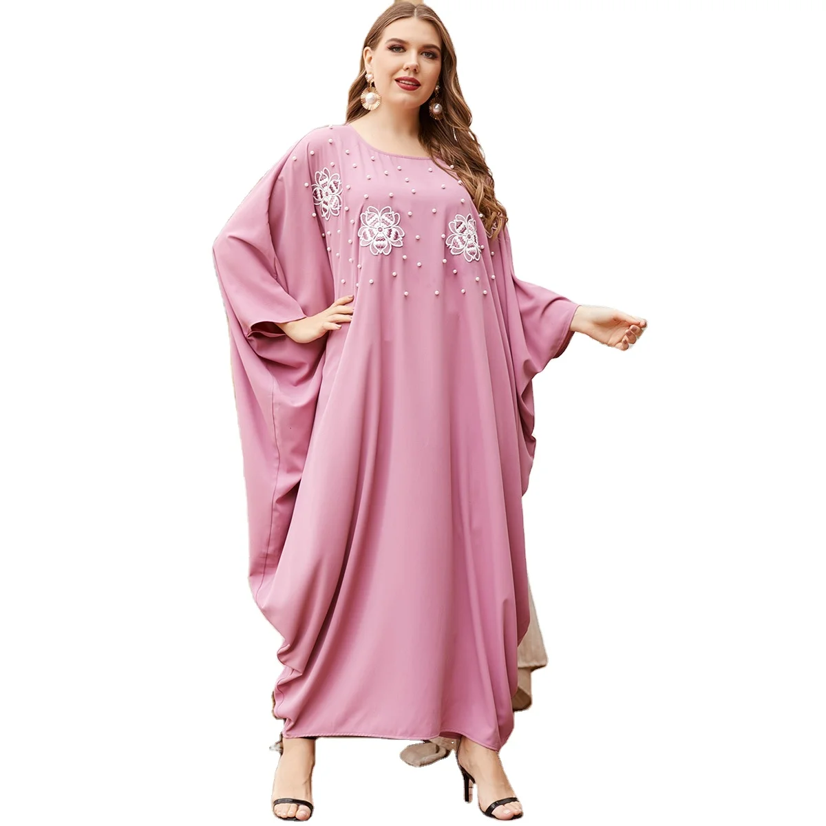 

2021 Large Size Loose Pink Bead Embroidery Bat Sleeve Robe Long Sleeve Women's Wholesale Muslim Dresses, As shown