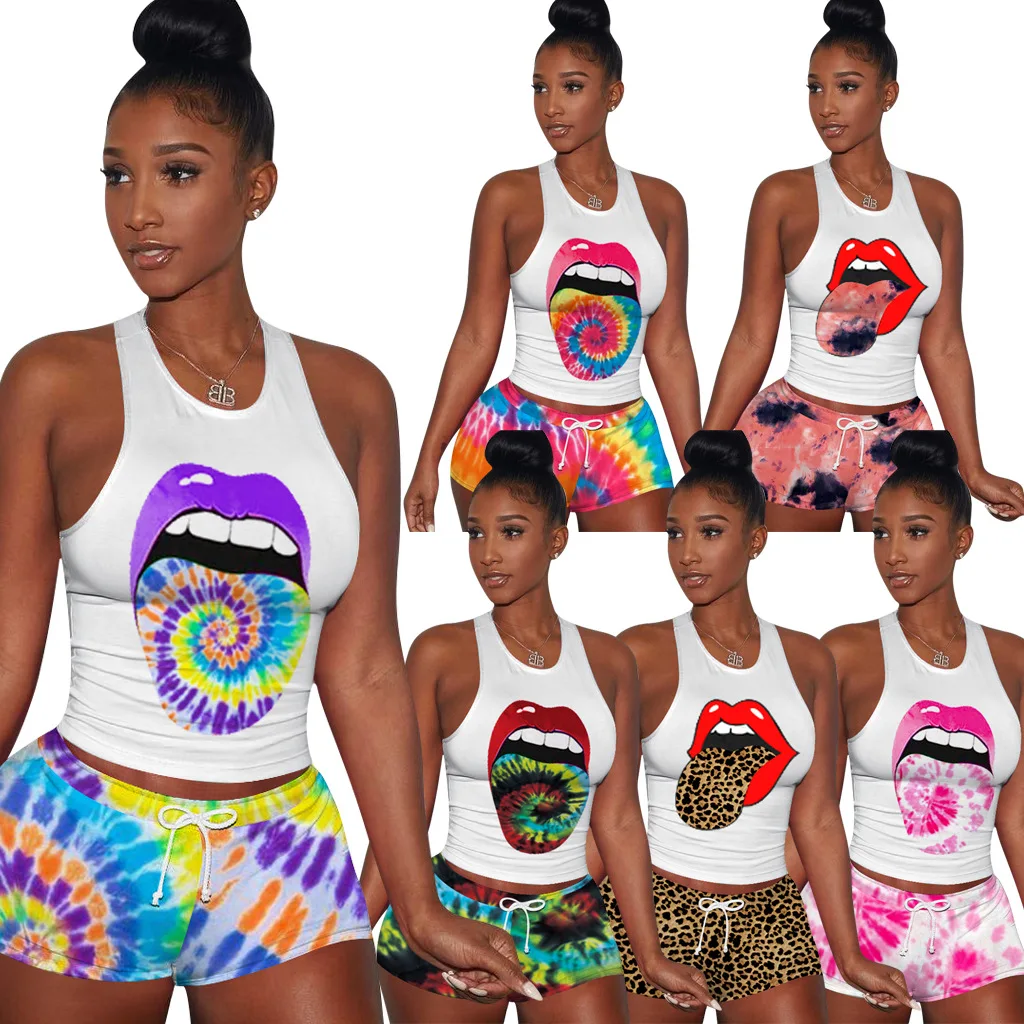 

summer casual sport two piece outfit colored printed tongue two piece set suit