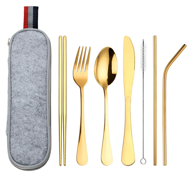 

8 Piece of Set Stainless Steel Portable Travel Cutlery Set With Straw&Pouch Can Custom Logo, Customized