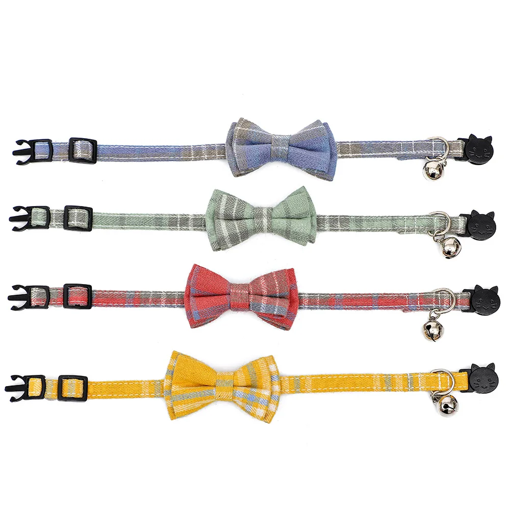 

Comfortable Plaid Cotton Pet Collar With Bow Tie And Bells Adjustable Dog Necklace