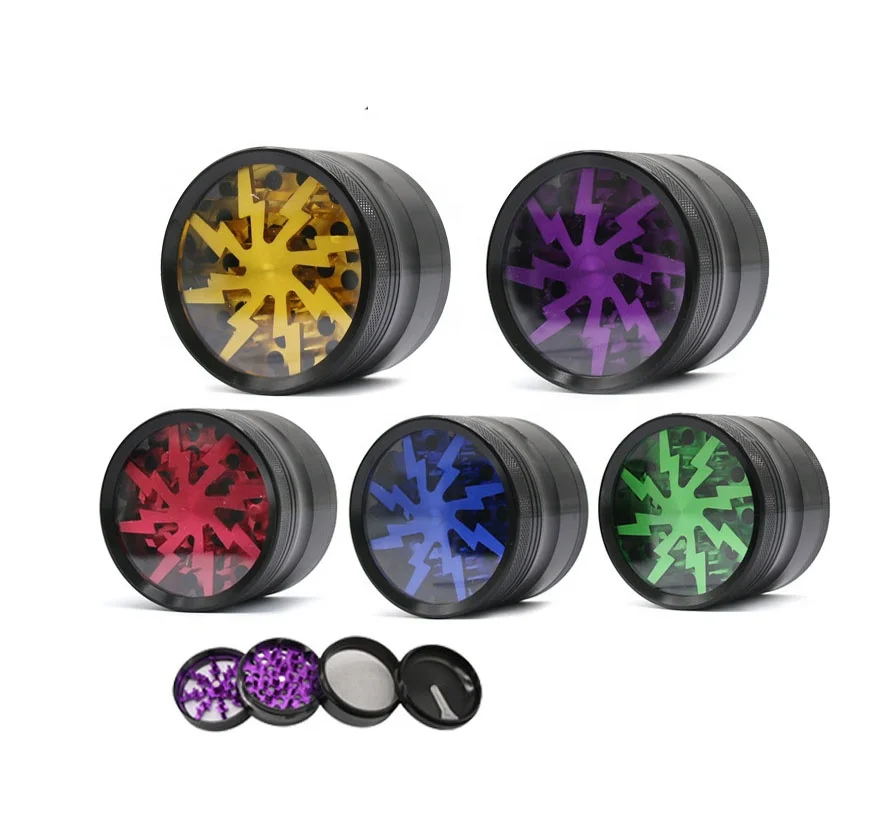 

Wholesale 63MM New Lightning Transparent Open Skylight Four layers Aluminum Alloy Smoke Grinder Tobacco Grinder Multicolor, Picture