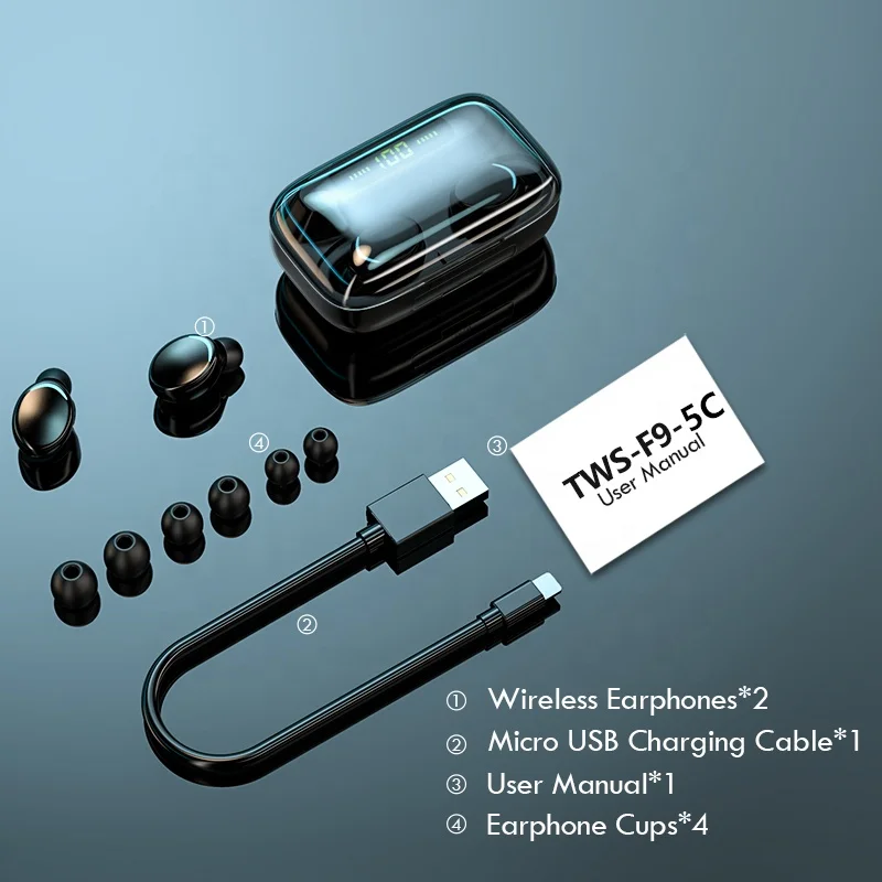 

2021 new trending f9-5c sports earphone tws wireless headphone water proof ear buds wireless ipx7