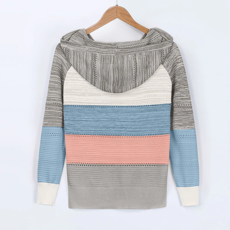 

2020 Winter hooded jumpers color block v-neck long sleeve top colorful knitted sweater for women
