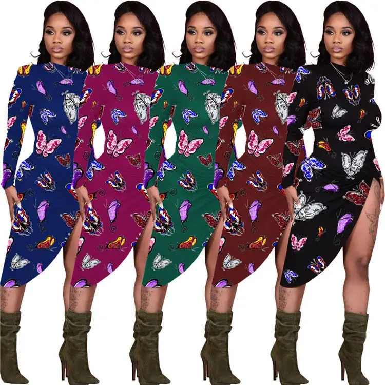 

EB-2022 new21030210 Hot Onsale 2022 new21 New Fashion Long Sleeves Butterfly Printed Side Open Lady Casual Dresses Women Sexy Dress